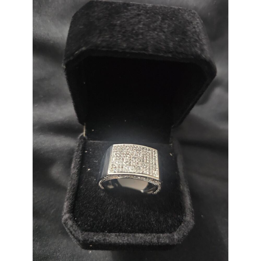 White Gold-Plated brass Men's Band Ring SIZE 11 Square Pavé Cubic Zirconia13.4mm